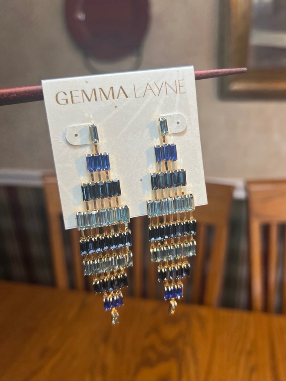 GEMMA LAYNE Gold-Tone Drop Earrings with Lt and Drk Blue Beads. Cascade Effect